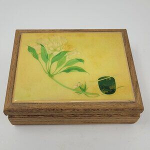 Vintage Kimberly Enterprises Wooden Keepsake Box | Floral Ceramic Tile Inlay